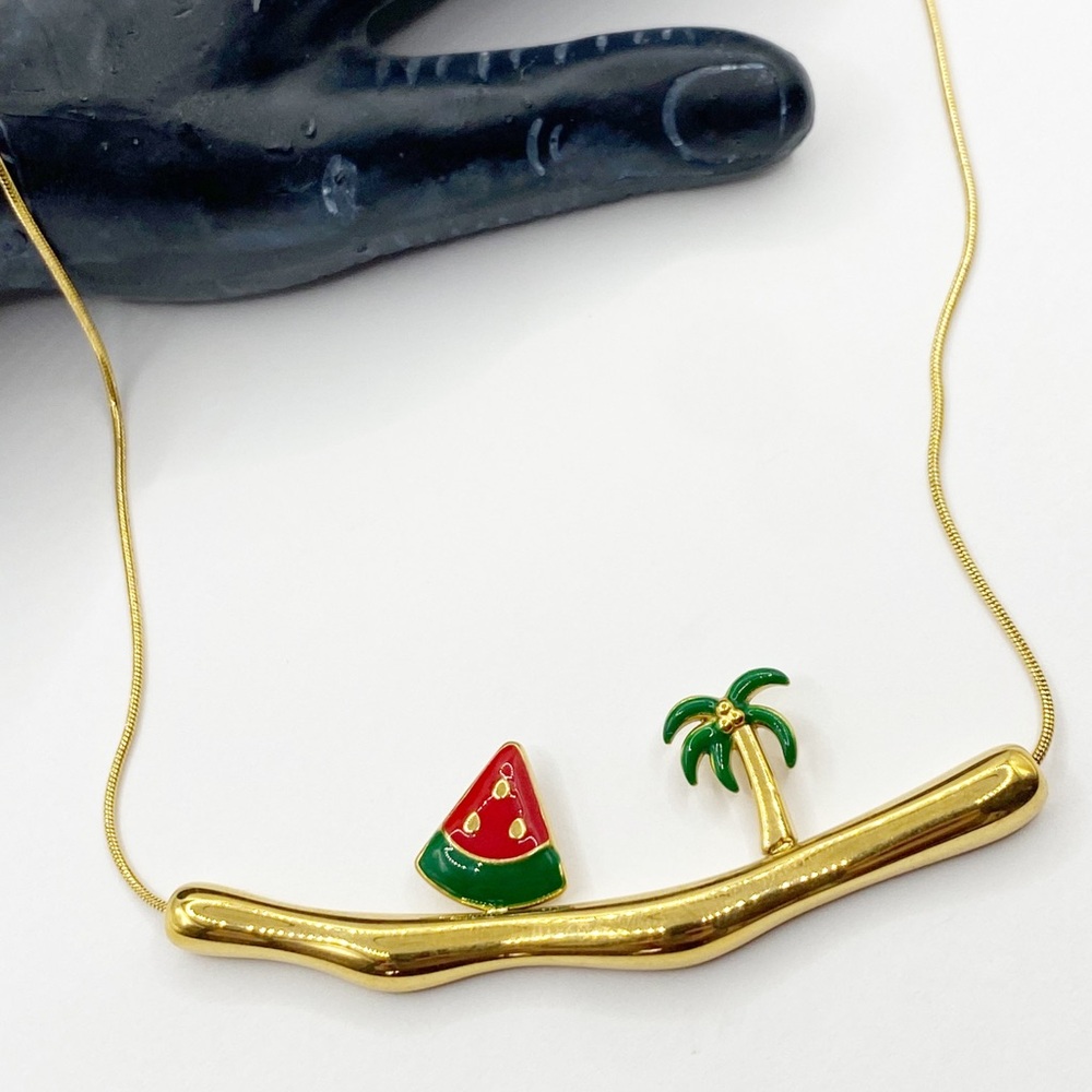 NEW Gold Tropical Watermelon and Palm Tree Layering Necklace